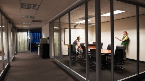 office room with electrical ballast lights